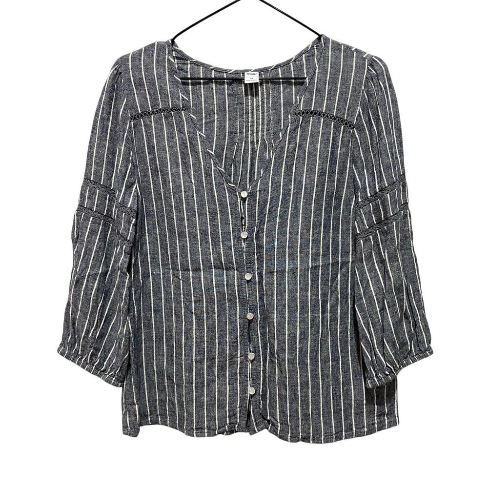 Old Navy Women's Striped Linen-Blend Button-Front Top Lace Trim Chambray